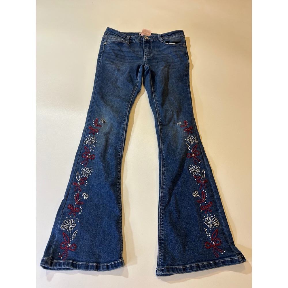 Squeeze Jeans Girls Size 10 Blue Embroidered Floral Flare Leg Denim